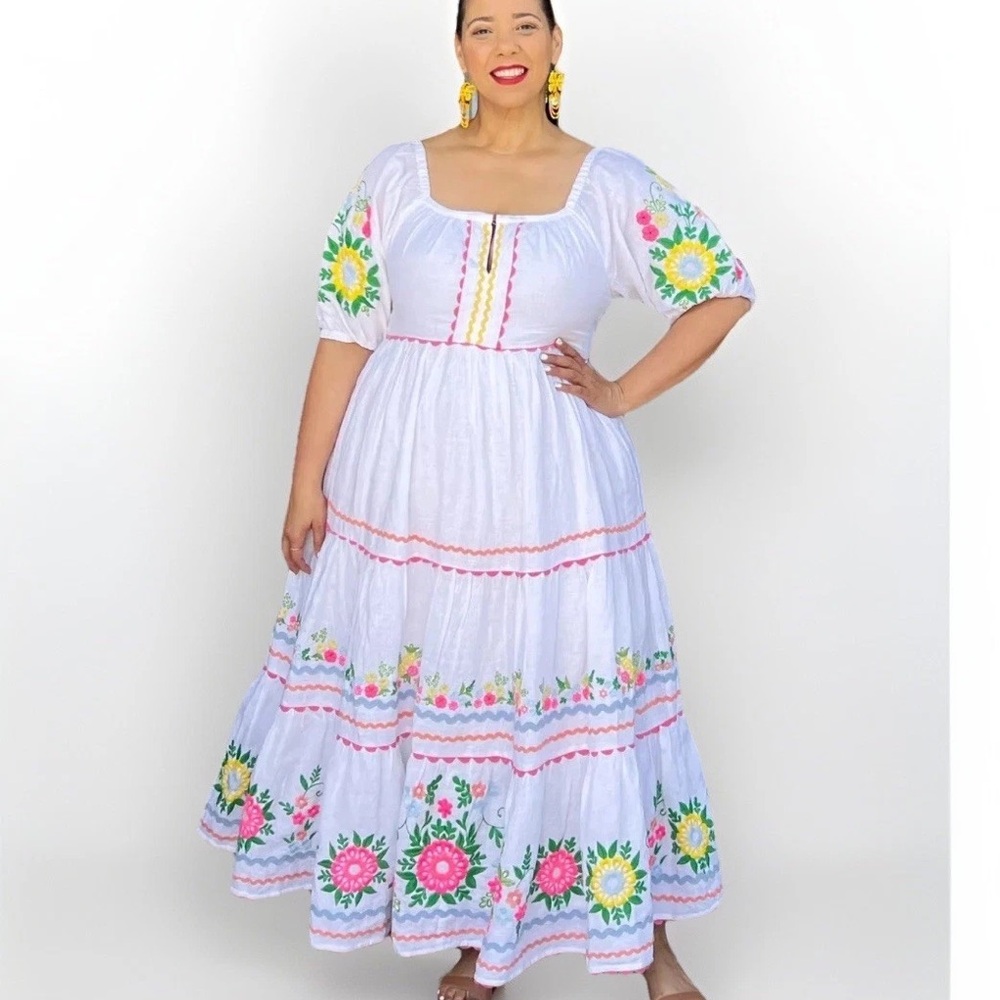 Roller Rabbit White Maxi Dress with Floral Embroidery